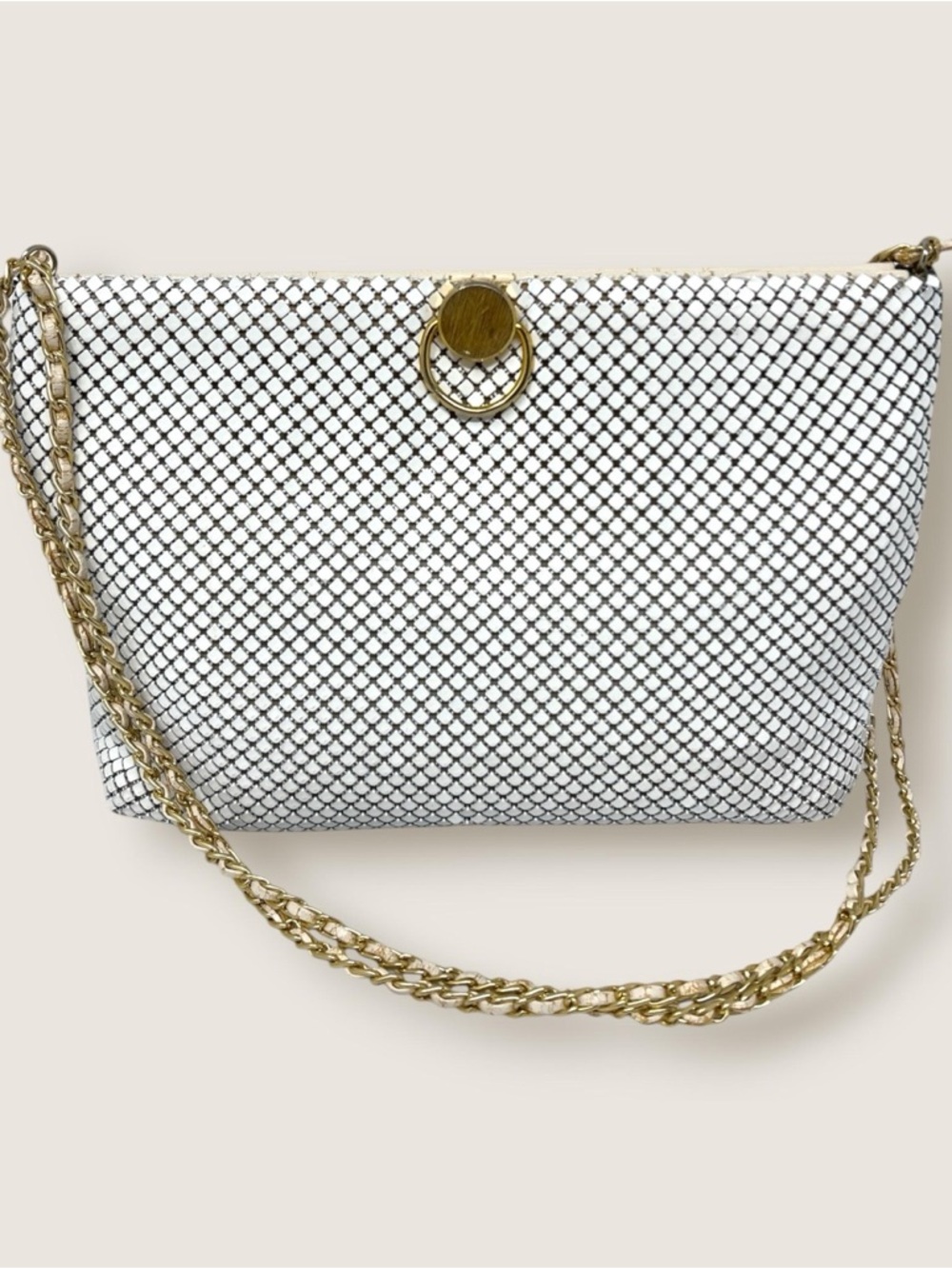 1970's Vintage White Chainmail Handbag Purse Gold Tone Chain Strap Retro Disco